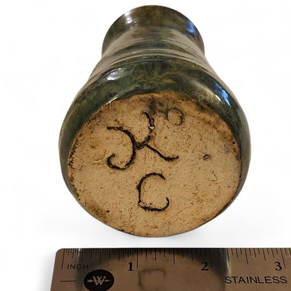 Ceramic Handmade Pottery Bud Vase Brown Blue-Green Glaze, Signed KC, 4" x 2.5" - Picture 2 of 5